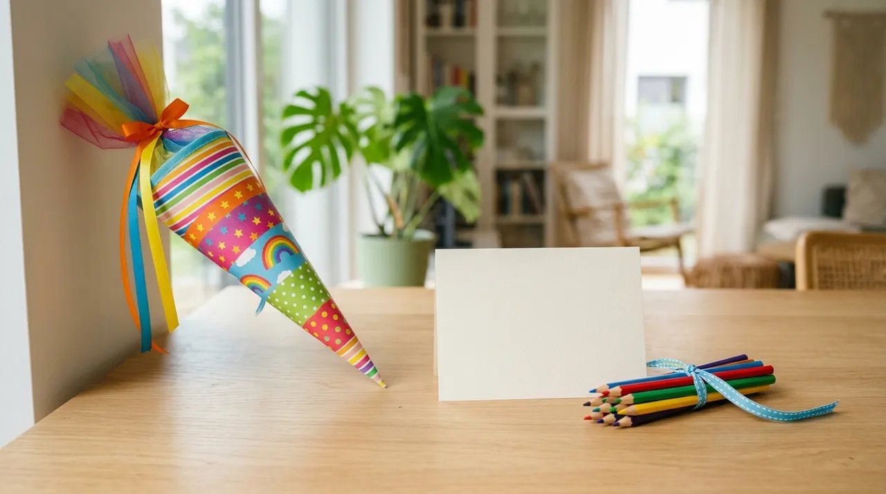 Bunte Schultüte neben einer leeren cremefarbenen Grußkarte und Buntstiften auf einem hellen Holztisch