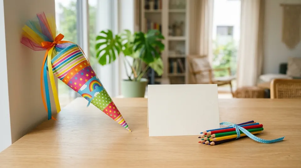 Bunte Schultüte neben einer leeren cremefarbenen Grußkarte und Buntstiften auf einem hellen Holztisch