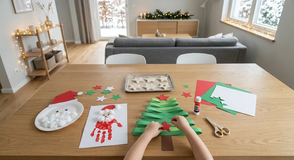 Heller Holztisch mit Weihnachtsbasteleien von Kindern: Pappteller-Weihnachtsmann, Handabdruck-Weihnachtsmann, Salzteigsterne und ein Tannenbaum aus Papierstreifen