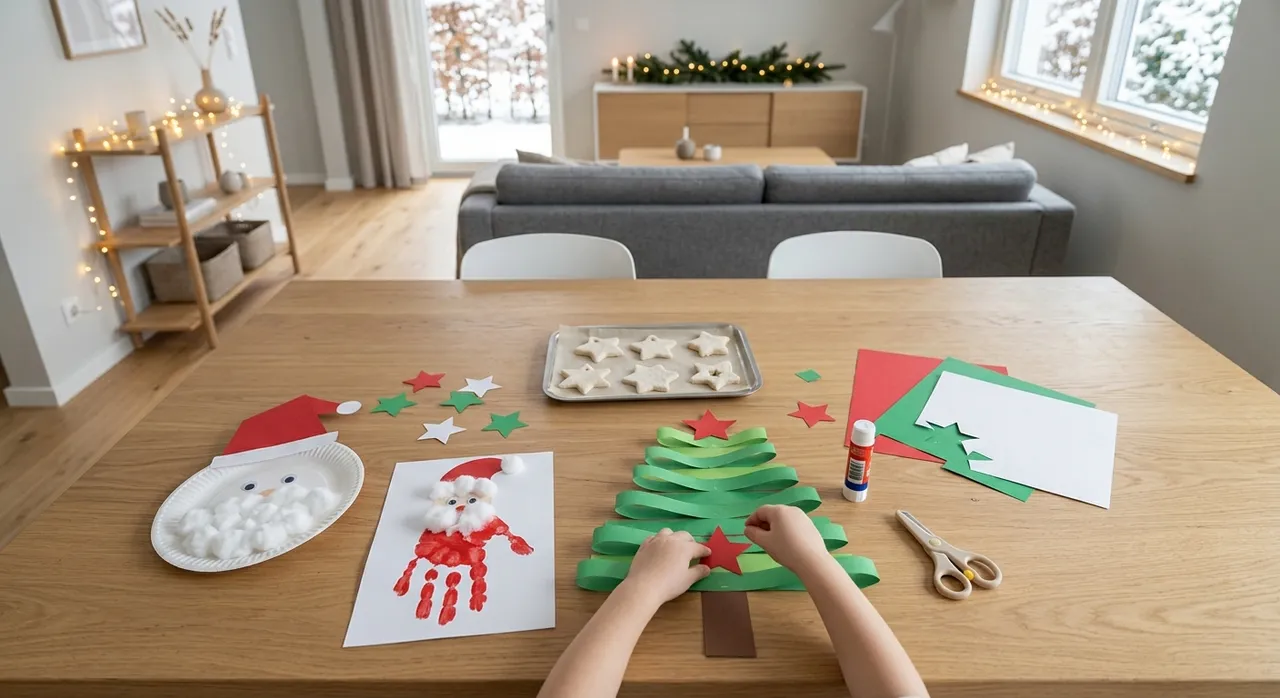 Heller Holztisch mit Weihnachtsbasteleien von Kindern: Pappteller-Weihnachtsmann, Handabdruck-Weihnachtsmann, Salzteigsterne und ein Tannenbaum aus Papierstreifen