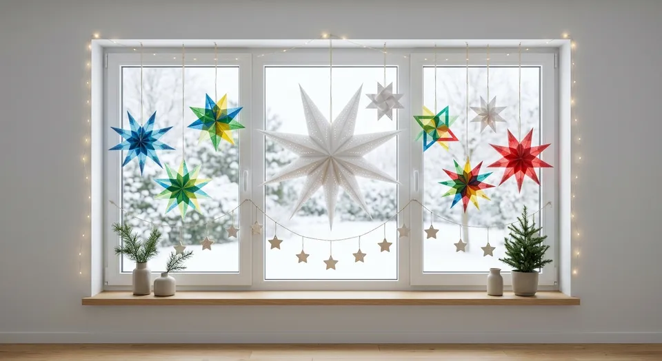 Gebastelte Papiersterne im hellen Fenster: ein großer weißer Stern aus Butterbrottüten, bunte Transparentsterne und eine Girlande aus kleinen Sternen