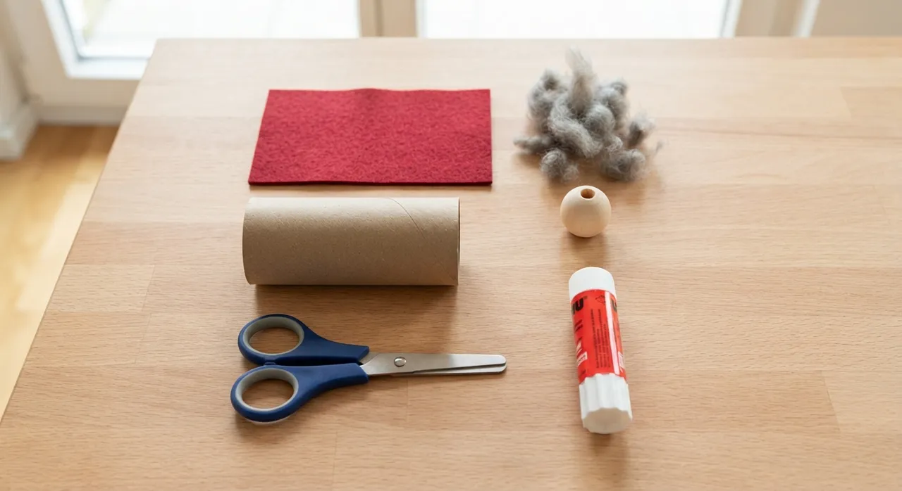 Auf einem Tisch liegen eine Klorolle, roter Filz, Wollreste, eine Holzperle, eine Schere und ein Klebestift bereit