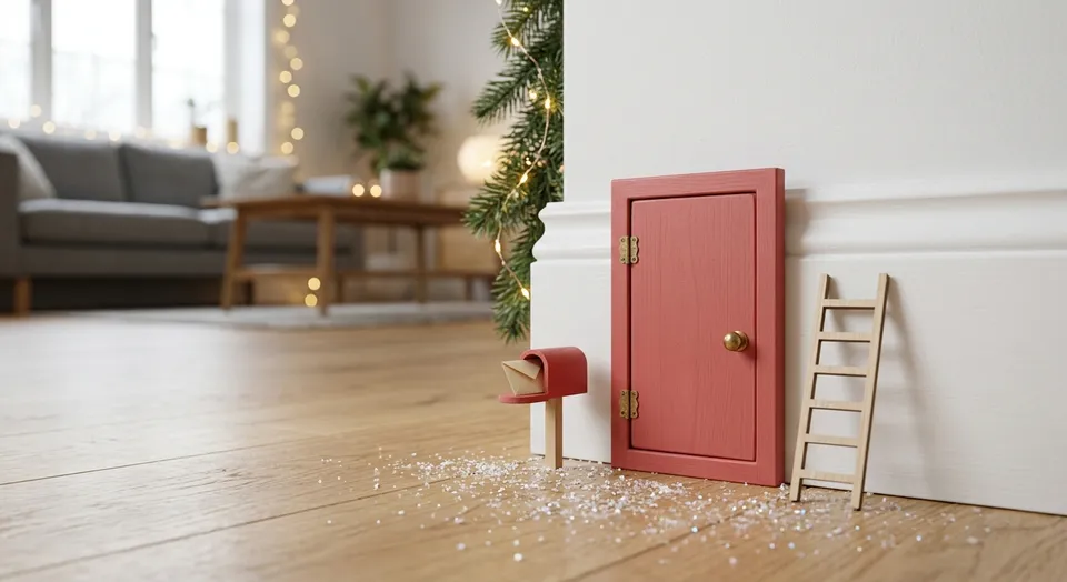 Rote Wichteltür aus Holz an der weißen Fußleiste, daneben eine kleine Leiter und ein Mini-Briefkasten, im Hintergrund ein helles Wohnzimmer mit Lichterkette