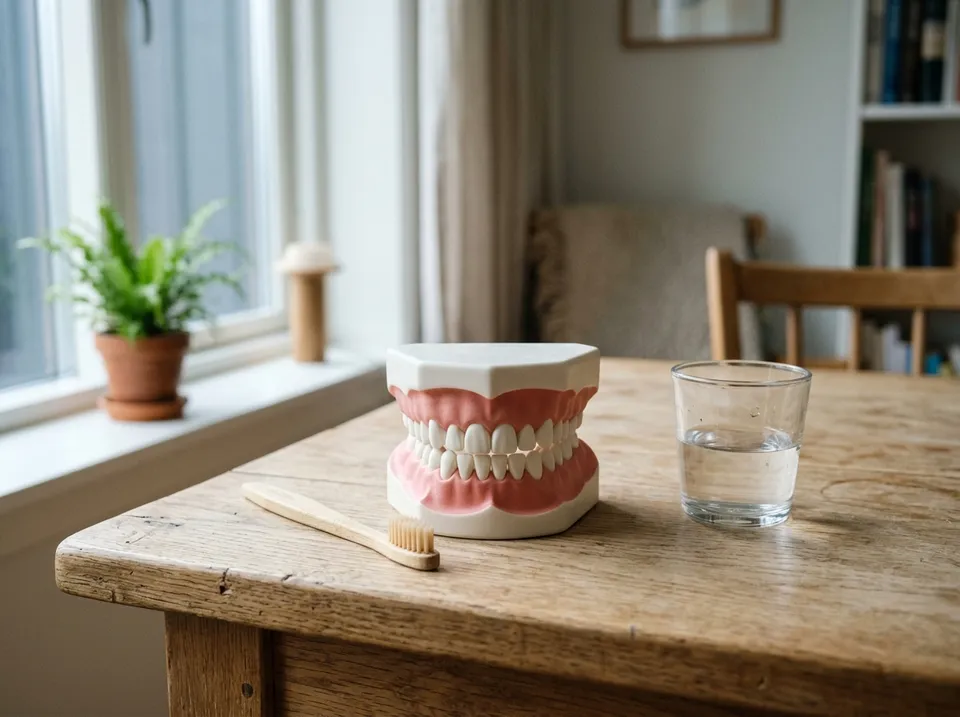 Zahnmodell mit Milchzähnen, Bambus-Zahnbürste und Wasserglas auf einem Holztisch