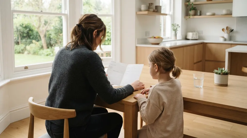 Eltern und Grundschulkind sitzen an einem hellen Küchentisch und schauen gemeinsam auf ein Zeugnis