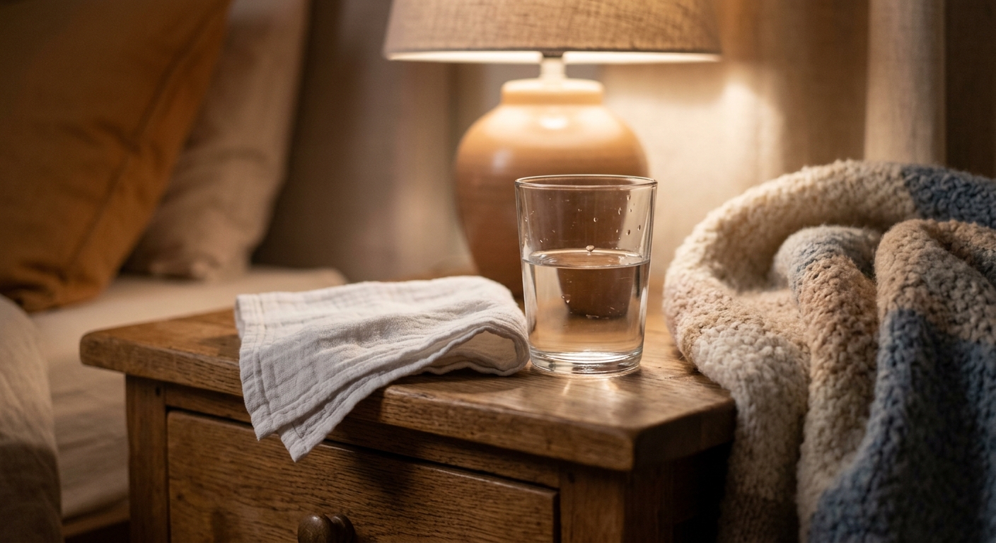Glas Wasser und ein kühler, feuchter Waschlappen auf einem Nachttisch neben einer kuscheligen Decke